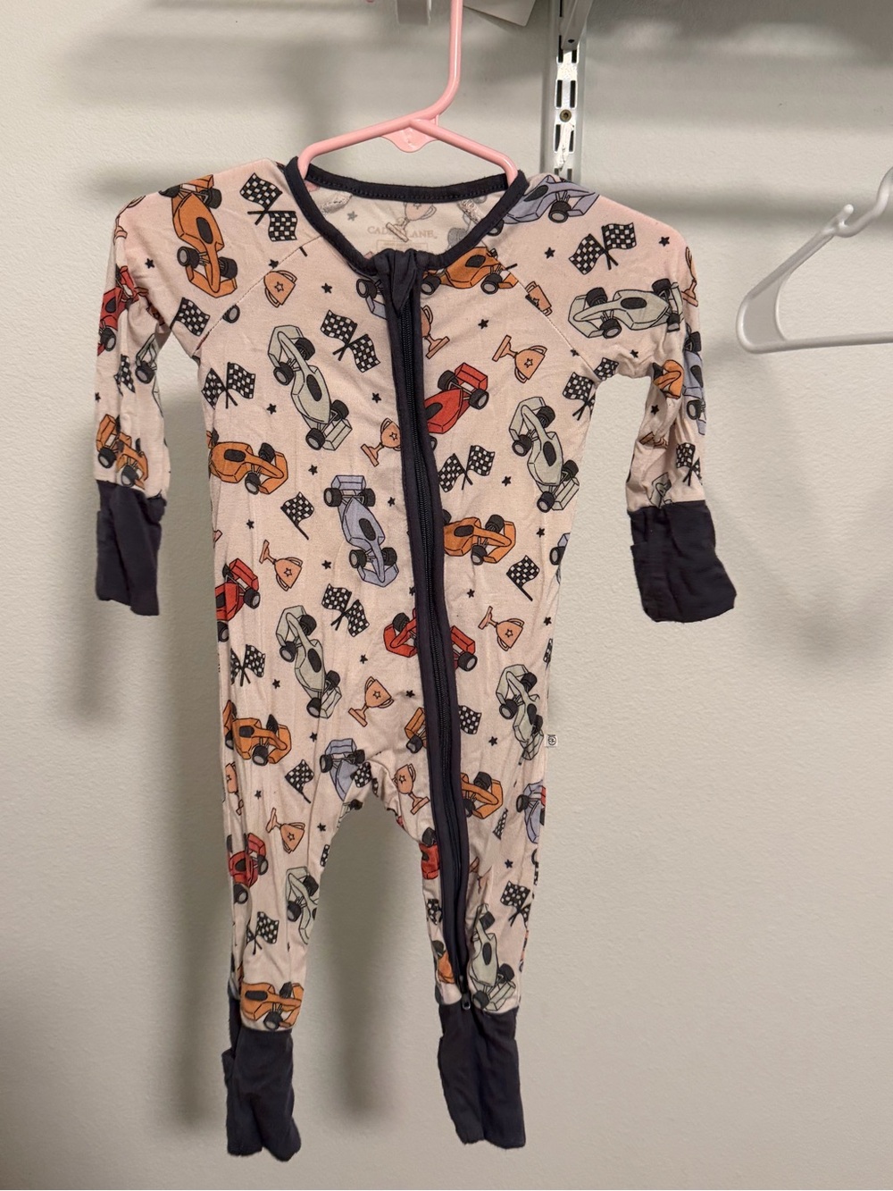 Caden Lane Cream Racing Car Footed One-Piece with Navy Trim